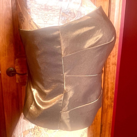 Simon Chang Rouched Bustier Corset Cami Green Gold Shimmer Size 6 - Picture 8 of 15